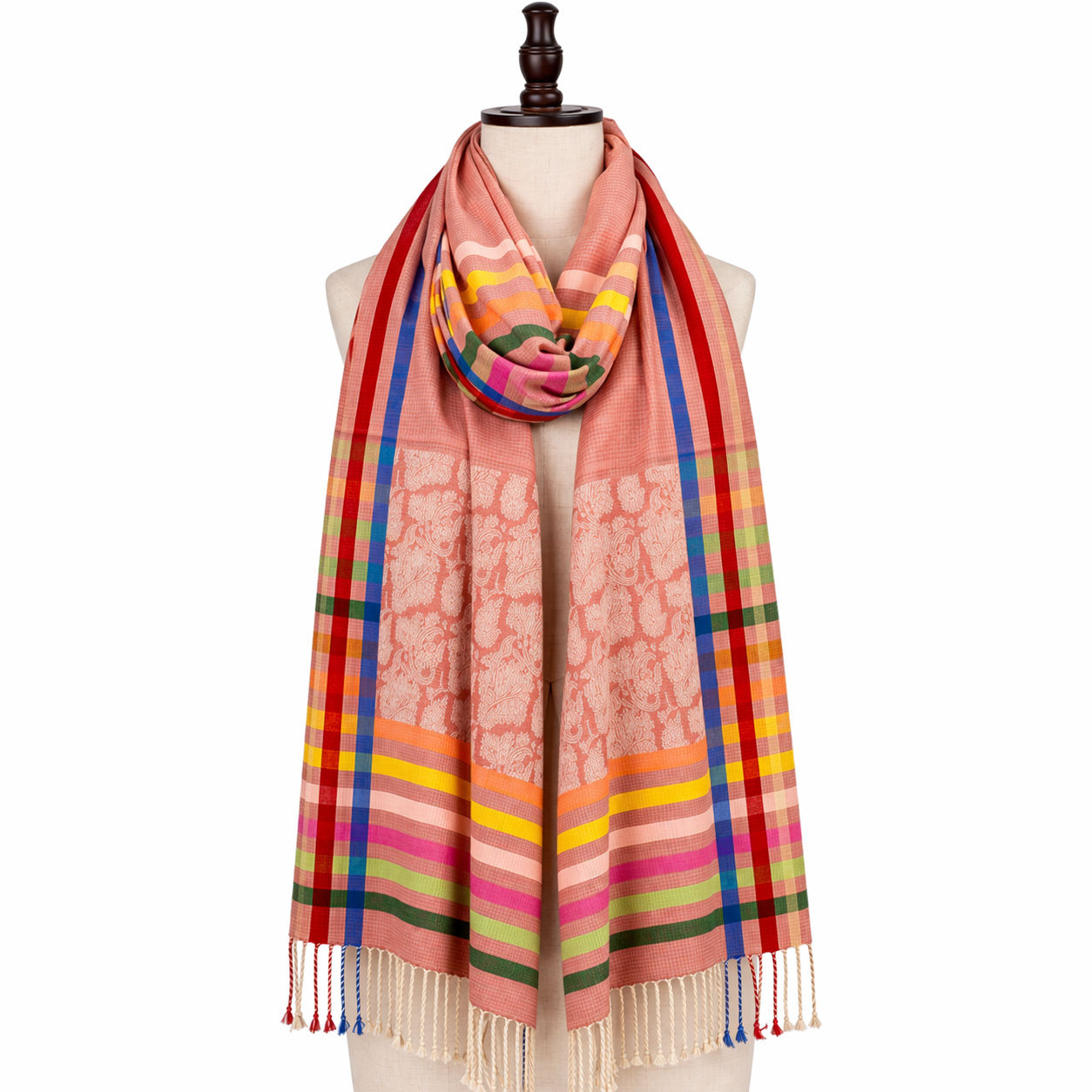 Red Scarf With Paisley Pattern And Silk Stripes